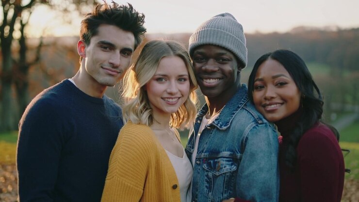 Smiling four friends adjusting pose after camera click in park for portrait, denim jacket