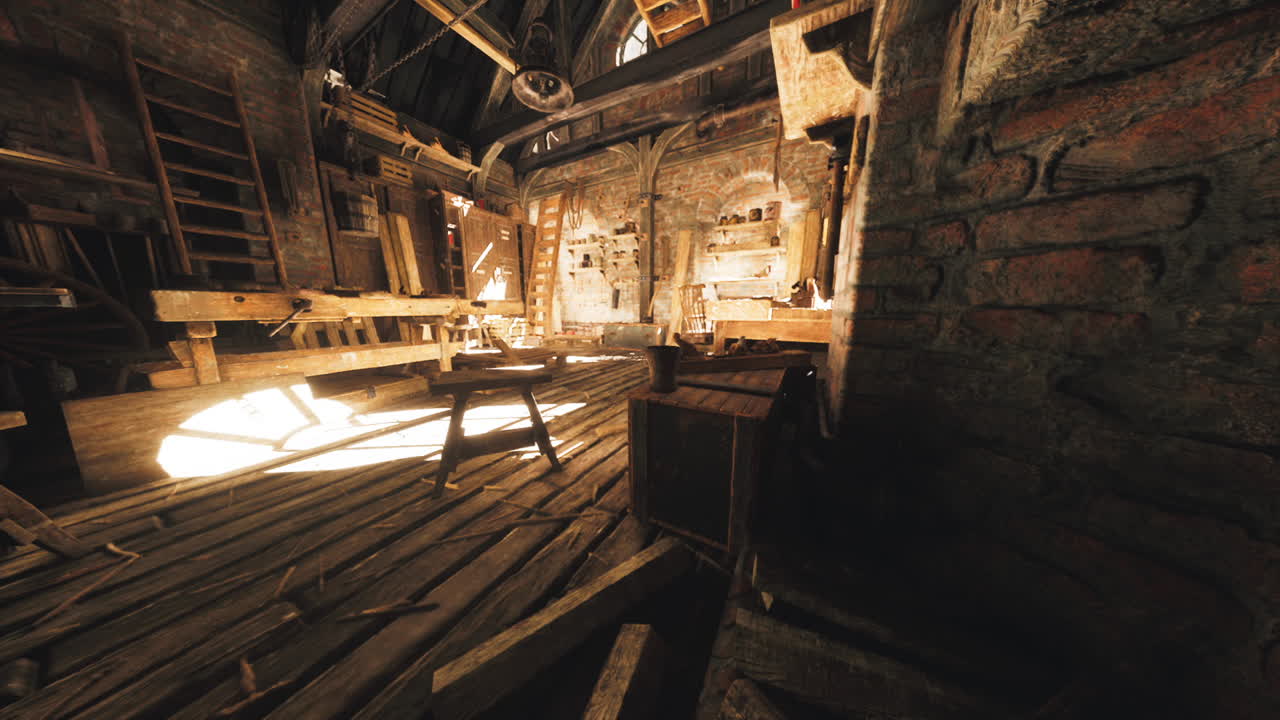 Woodworking workshop filled with sunlight and tools in an old building