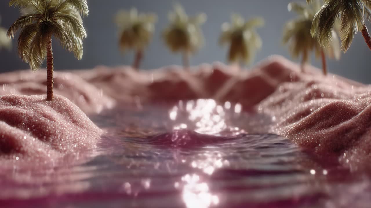A Dreamlike Oasis: Lush Palm Trees Surround a Glimmering Pink River Flowing Gracefully Across Sparkling Sand Dunes Under Soft Sunlight