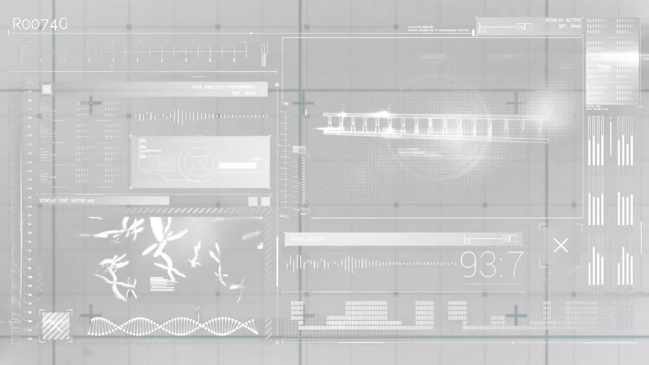 Animation of dna helixes, graphs, loading bars, numbers, computer language on abstract background