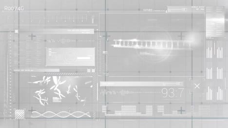 animación de hélices de adn, gráficos, barras de carga, números, lenguaje informático en un fondo abstracto