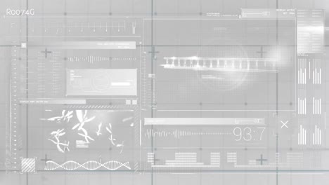 animation of dna helixes, graphs, loading bars, numbers, computer language on abstract background