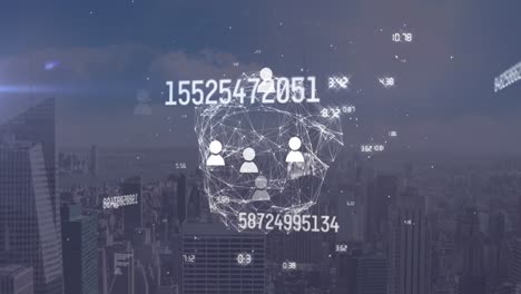 Animation-of-globe-of-connections-with-data-processing-and-icons-over-cityscape