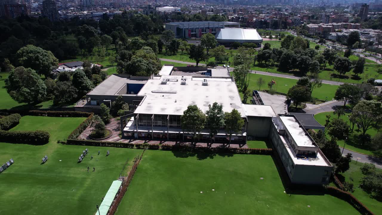 Bogota Colombia. Aerial View of IDRD Building in Simon Bolivar Park, Drone Shot
