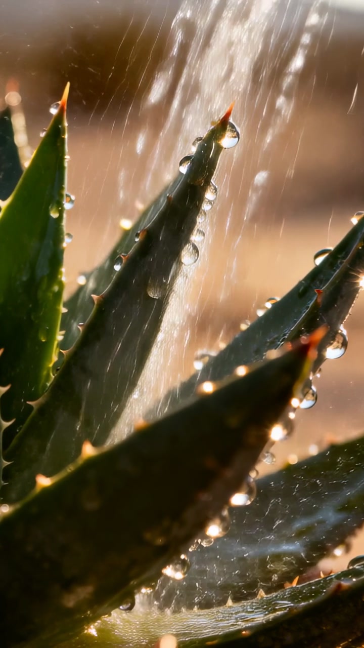 Vertical video: Streaming water from above watering spiky aloe at closeup, forming beads to hydrate
