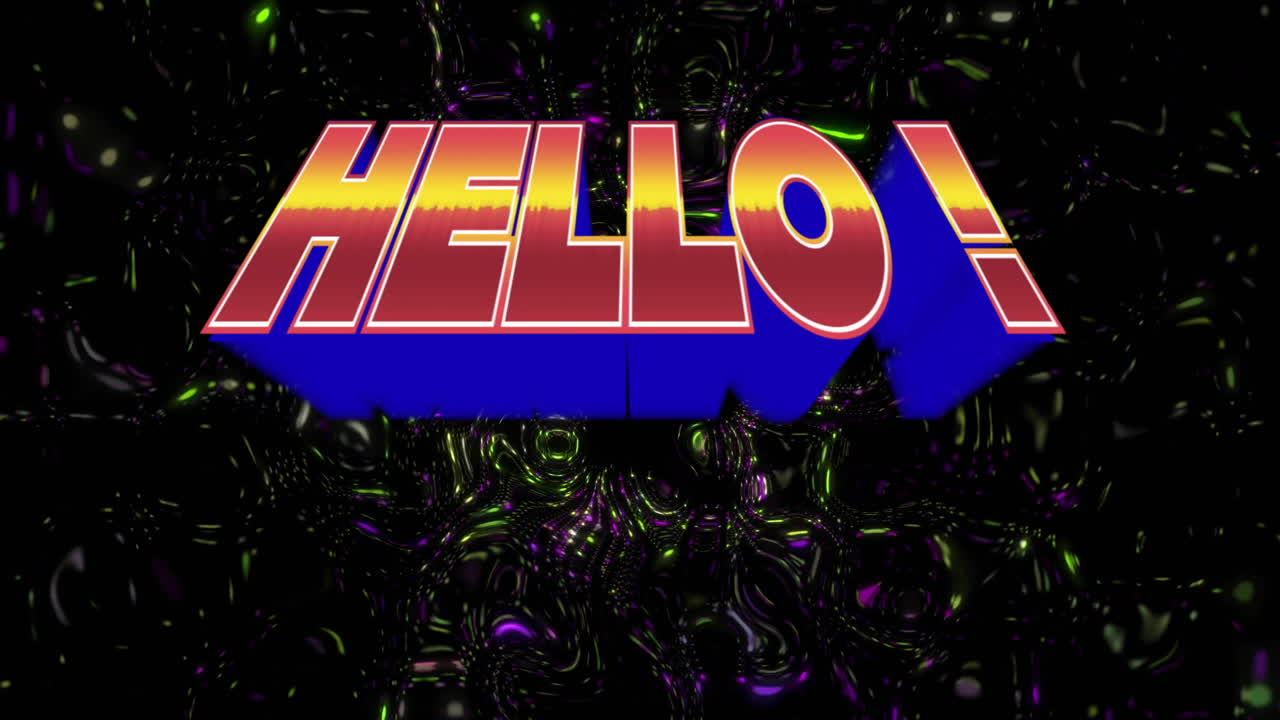 Animation of colorful HELLO! text with 3D effect on swirling background
