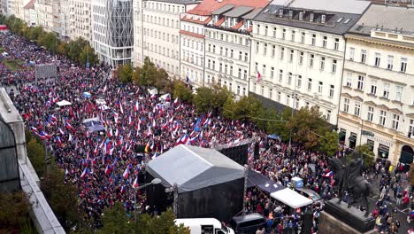 massive protest with flags at wenceslas square in prague, czechia