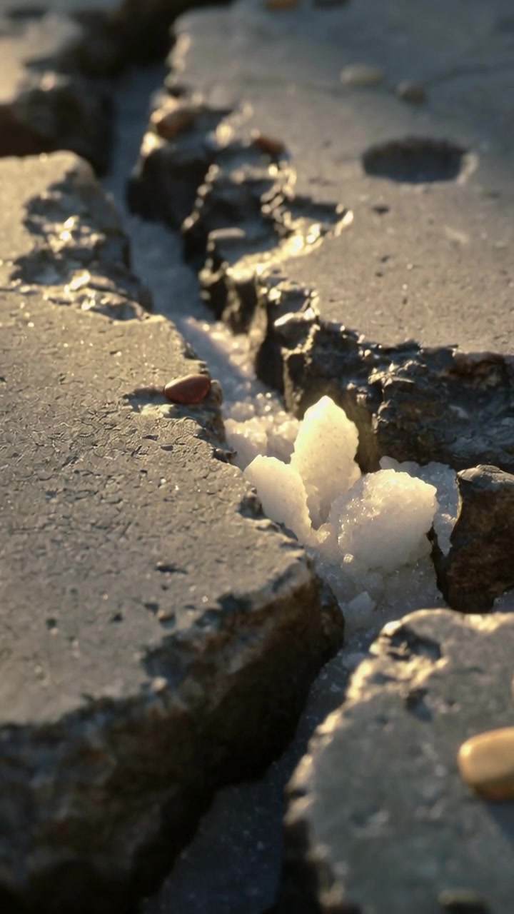 Vertical video: Moving camera closing on crack at concrete slabs, highlighting white frost crystals