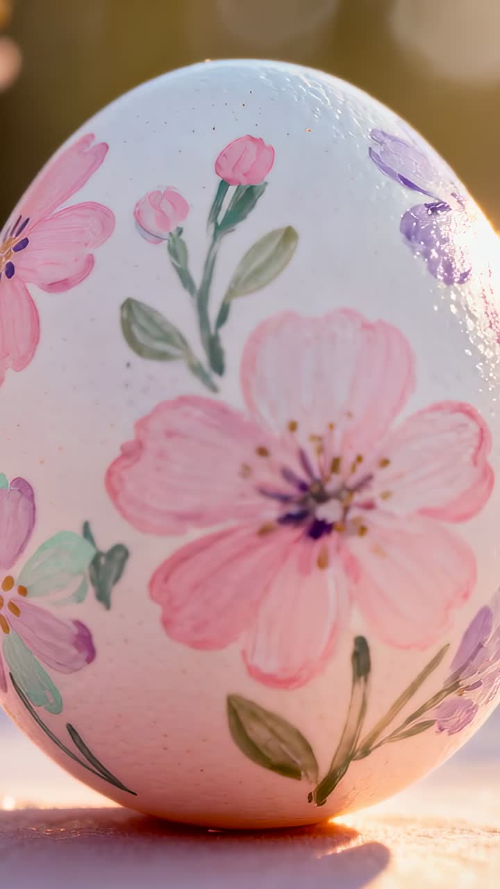 Vertical video: Panning camera showing painted egg turning on table to show floral wrap, shine