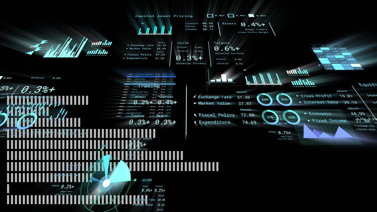 Displaying market analysis, digital financial data and graphs on black background