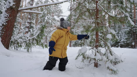 little-boy-in-yellow-jacket-and-knitted-hat-playing-in-forest-in-winter-child-is-exploring-nature