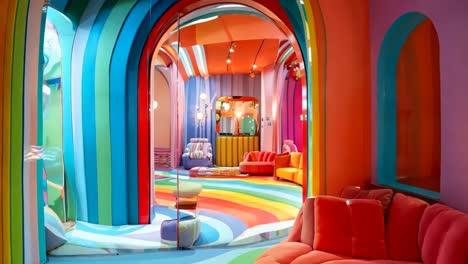 a brightly colored room with a rainbow colored floor and colorful furniture