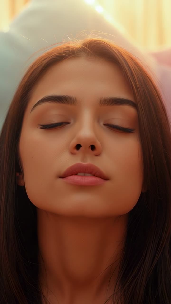 Vertical video: Opening shot showing woman breathing gently on pillow at home with curtain glow