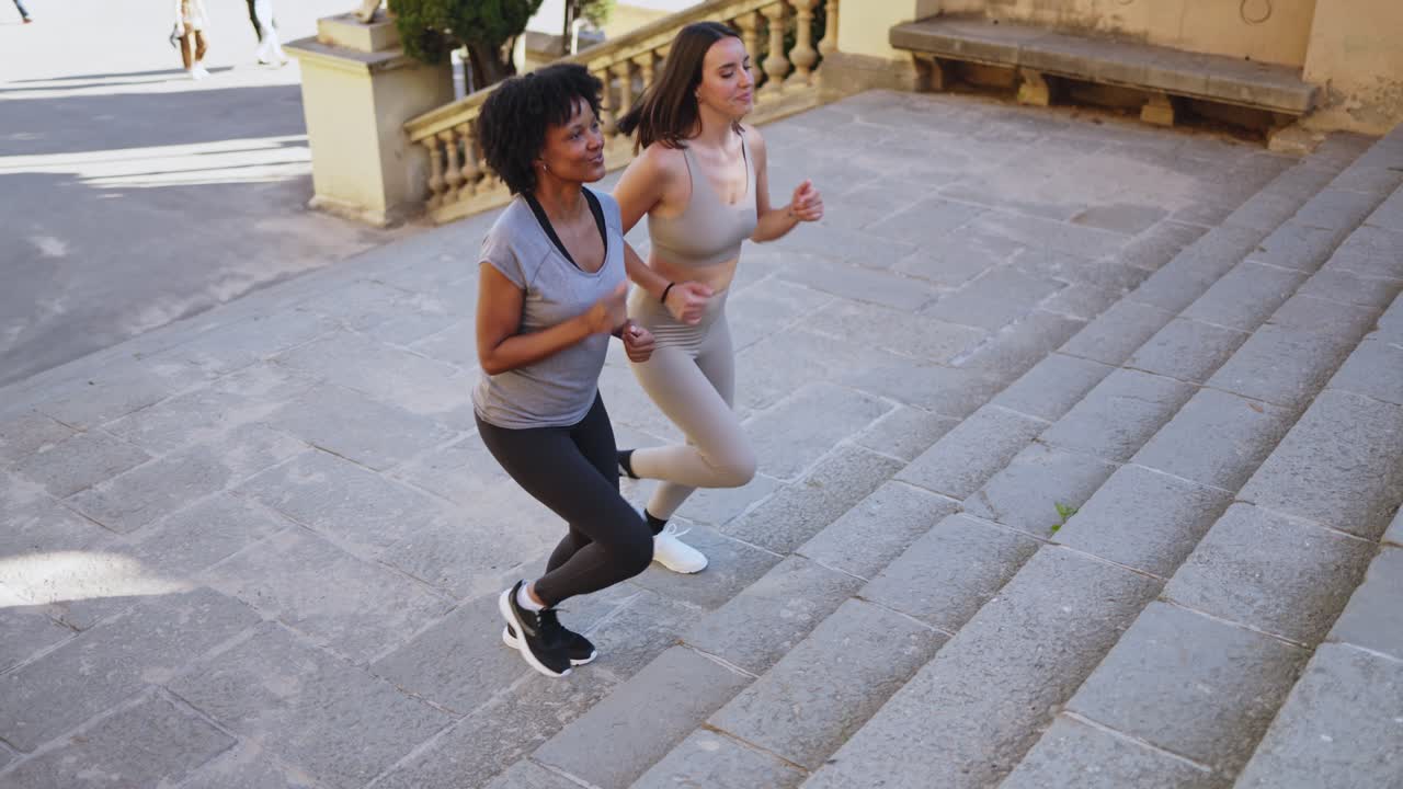 Due giovani donne che corrono su per le scale all'aperto per allenarsi.