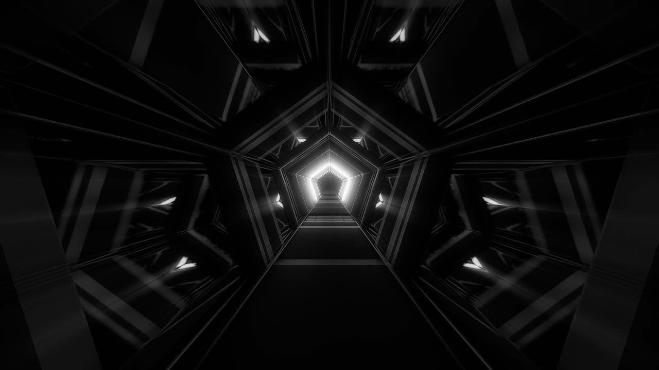 túnel en forma de pentágono en blanco y negro con un camino brillante en la arquitectura futurista del pasillo, animación gráfica 3d cgi renderizada