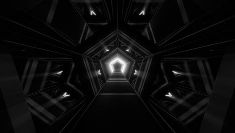 Black-and-white-pentagon-shaped-tunnel-with-bright-path-in-futuristic-hall-way-architecture,-3d-cgi-rendered-graphic-animation