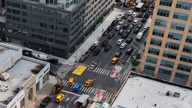Busy streets of New York City captured from a drone view