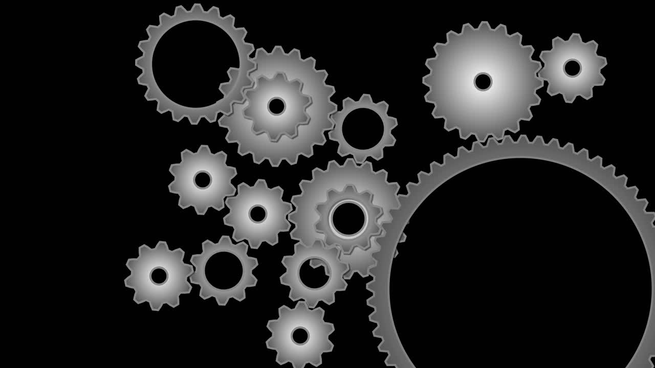Engranajes giratorios y ruedas dentadas entrelazadas que giran sincronizadas sobre un fondo negro, animación de bucle continuo de relojería