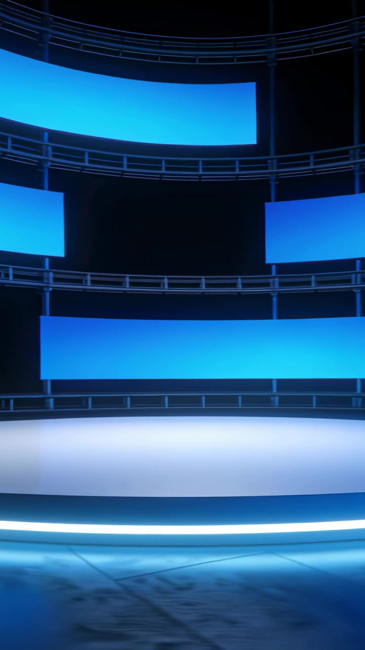 Video verticale: Telecamera che si inclina rivelando un palco in studio con anello LED e 3 pannelli blu per lo spettacolo.