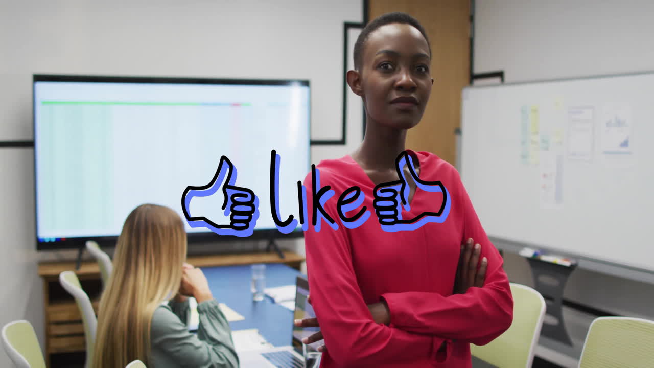 Women collaborating in office meeting, showing animated spreadsheet graphs and floating notes