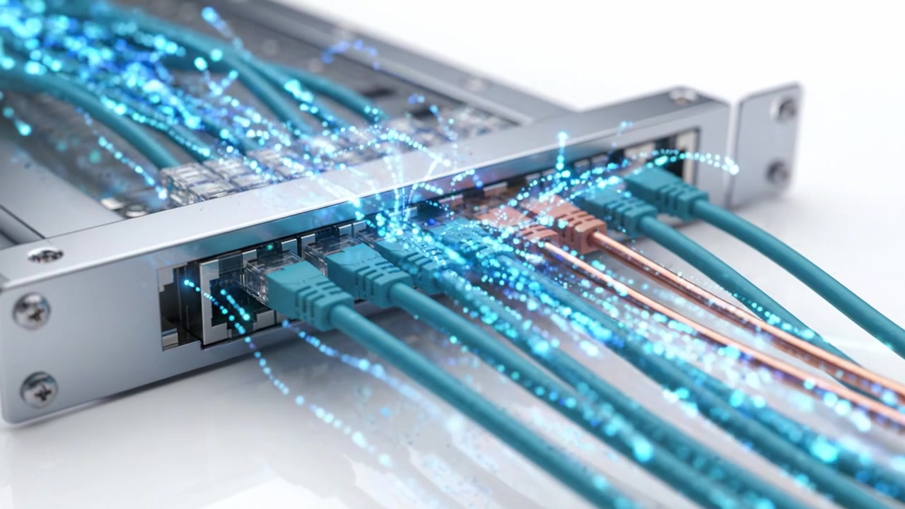A Close-Up View of High-Tech Networking Equipment with Colorful Cables Transferring Data, Showcasing Modern Connectivity and Digital Communication in Action