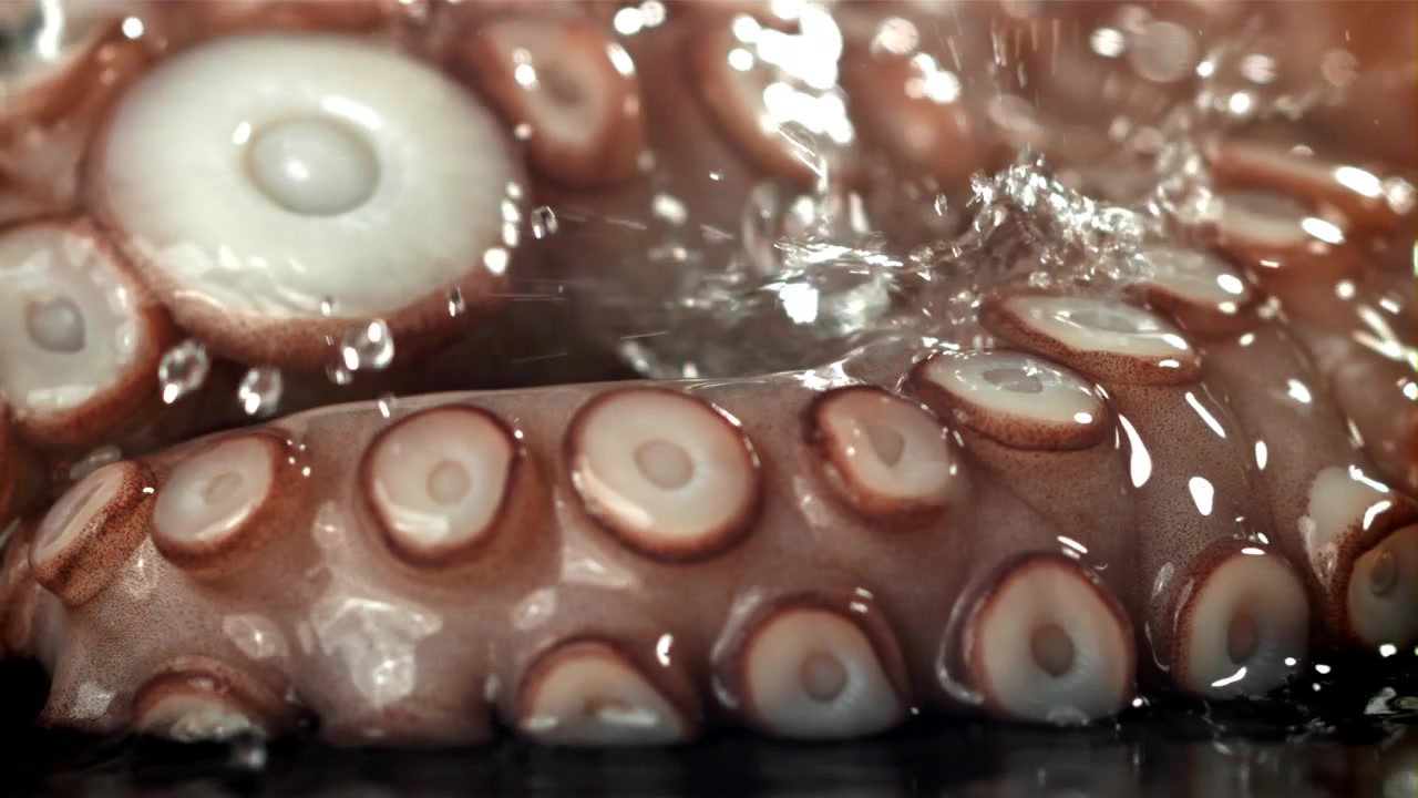 Agua salpicando sobre un tentáculo de pulpo fresco en cámara lenta