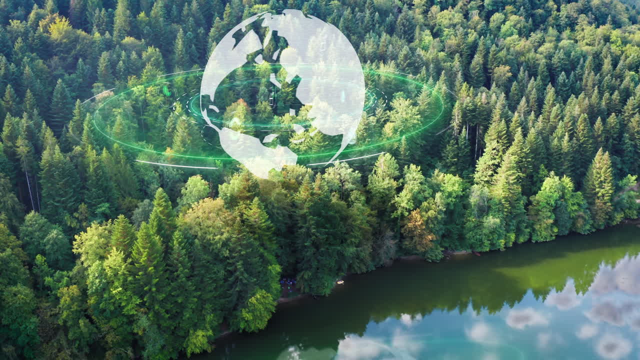 símbolo del globo giratorio proyectos ecológicos verdes en el mundo sobre área forestal con lago en paisaje natural