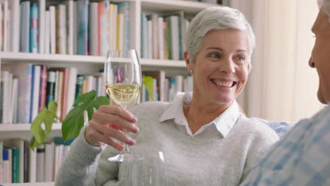 retirement, relax and toast with couple on sofa