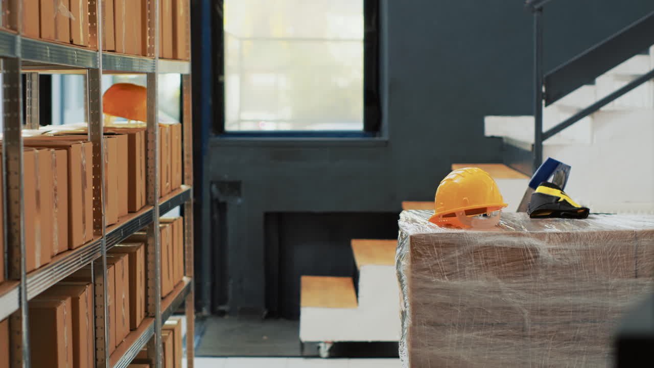 Interno di magazzino con scatole e dispositivi di sicurezza