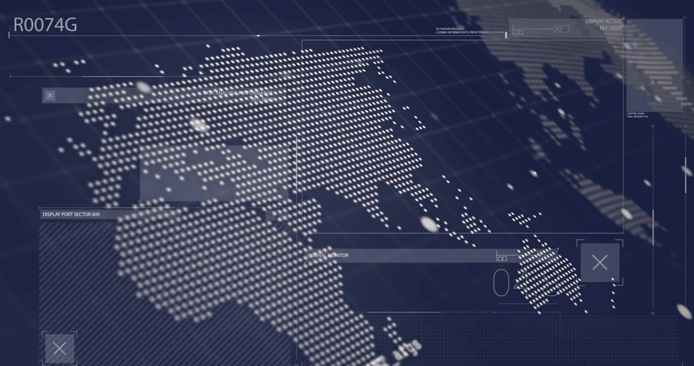 Animation of interface with data processing and world map against blue background