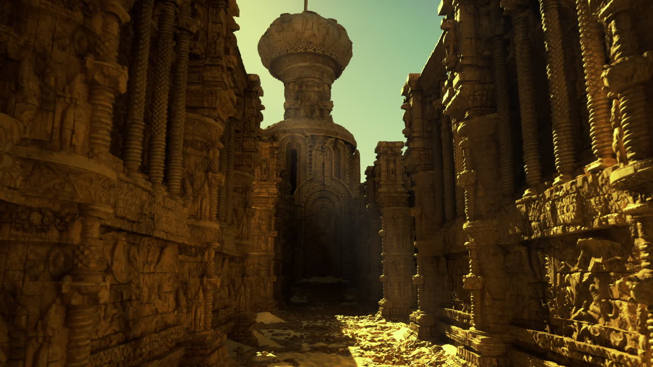 Majestic ancient temple ruins with intricate carvings and golden light