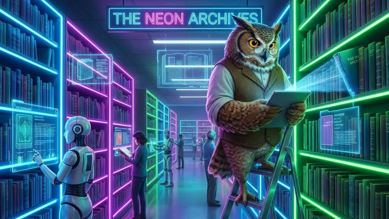 The Neon Archives: A Futuristic Library with an Owl, Robot and People