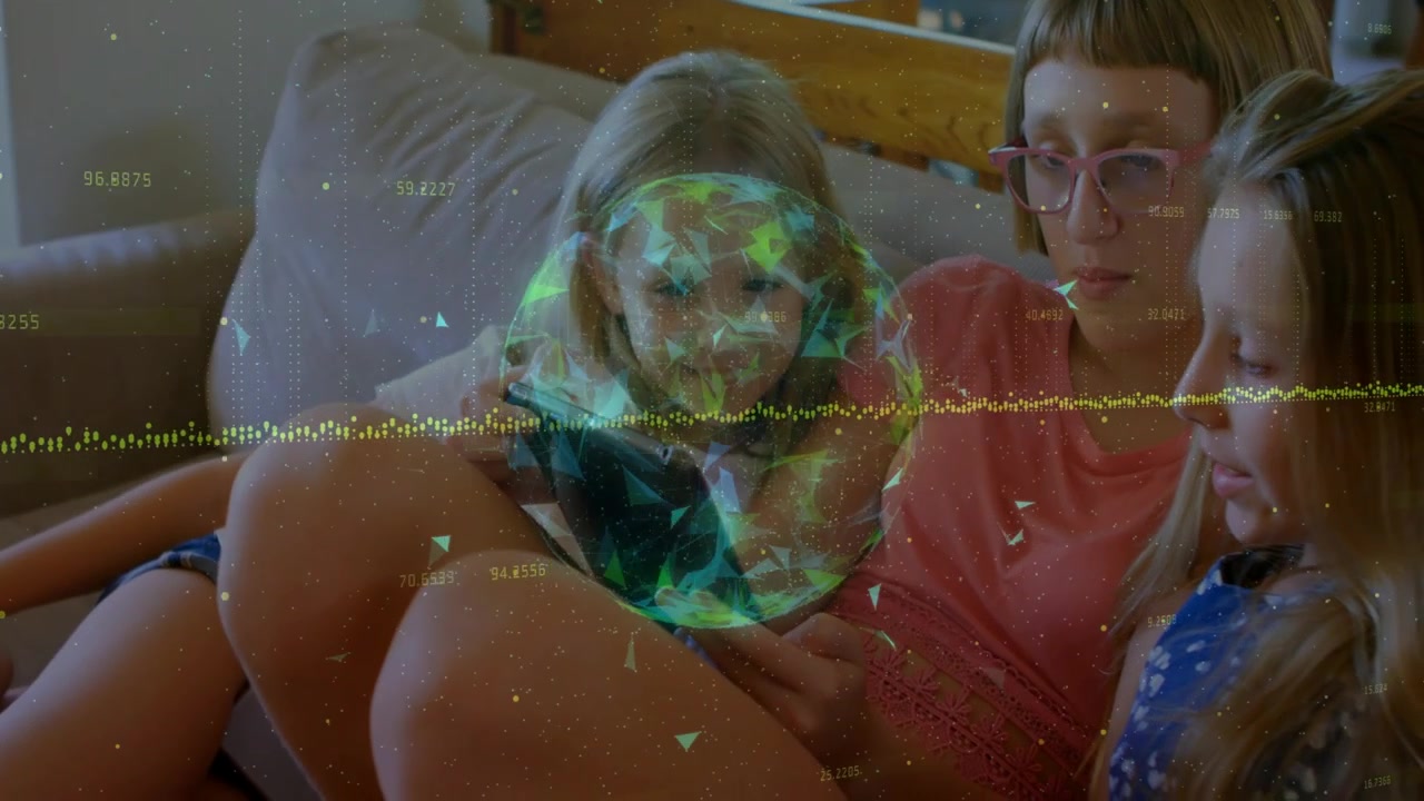 Three girls tapping tablet on sofa, altering hologram globe and pulsing waveform for STEM learning