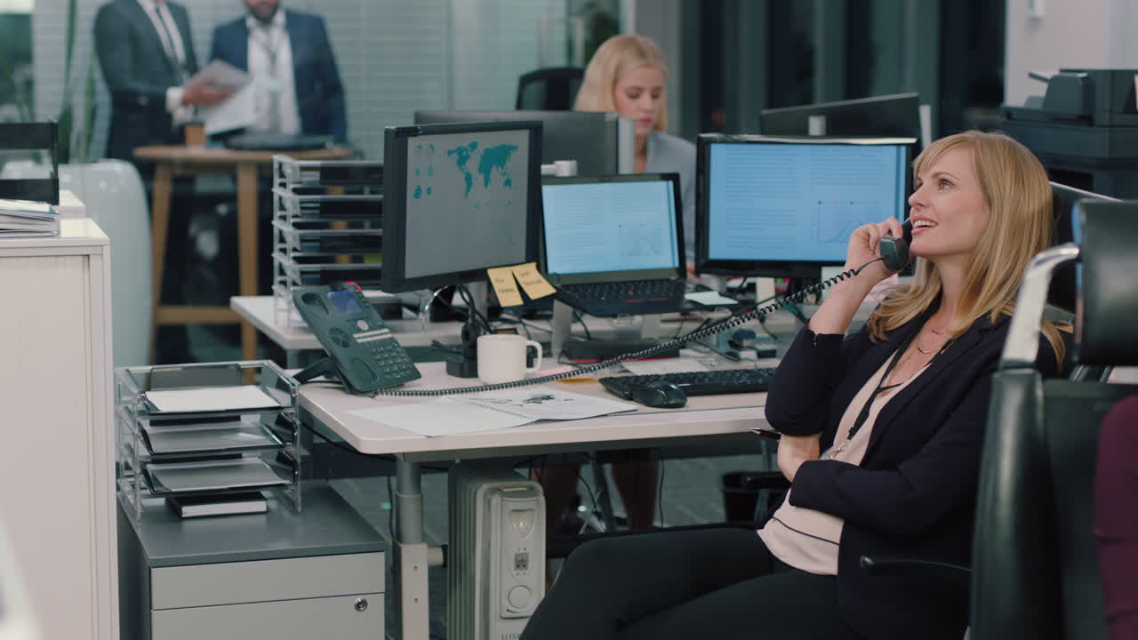 ⁇ 비는 사무실에서 판매를 논의하는 책상에 앉아 고객 보험 브로커와 채팅하는 전화 통화를 하는 전화를 사용하는 자신감 있는 판매 여성