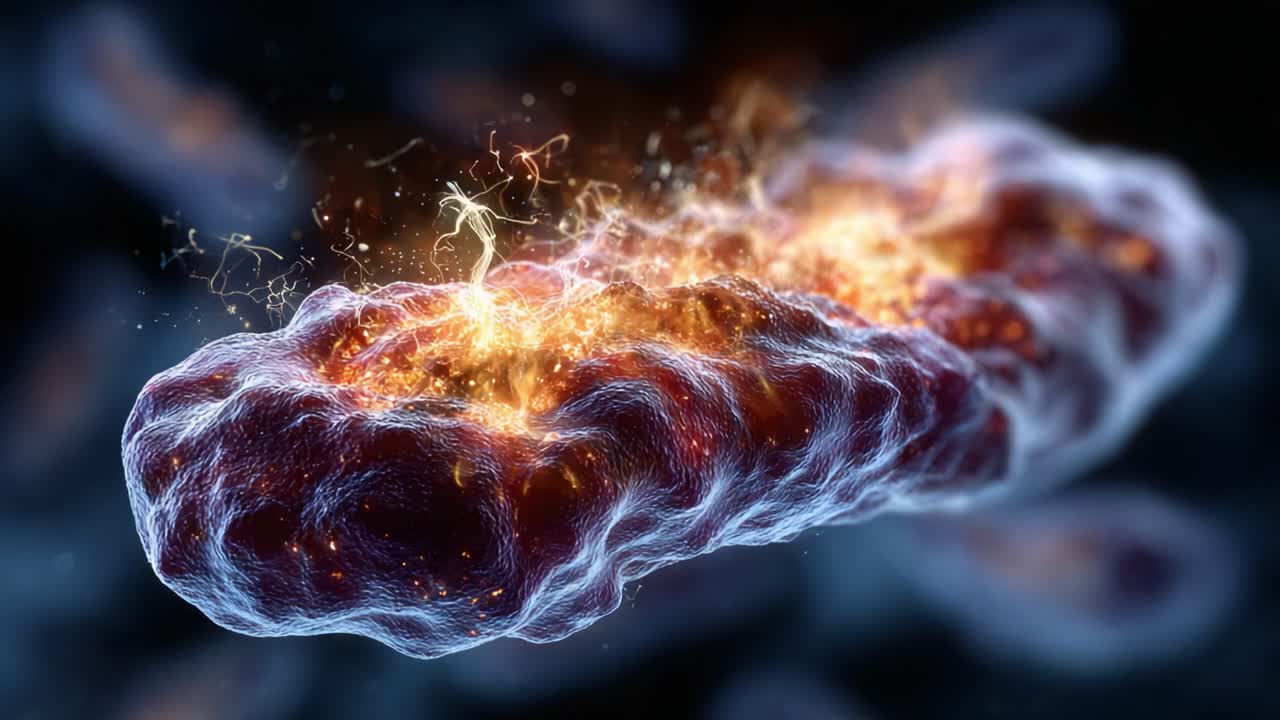 An Intricate Visualization of a Bacterium Displaying Bioluminescent Features and Energetic Particles, Capturing the Essence of Microscopic Life Forms at Play