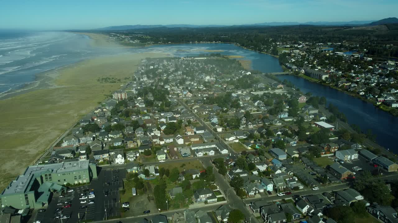 US, OR, Seaside, 2025-10-21 - Drone view of the coastal city on the coast in fall