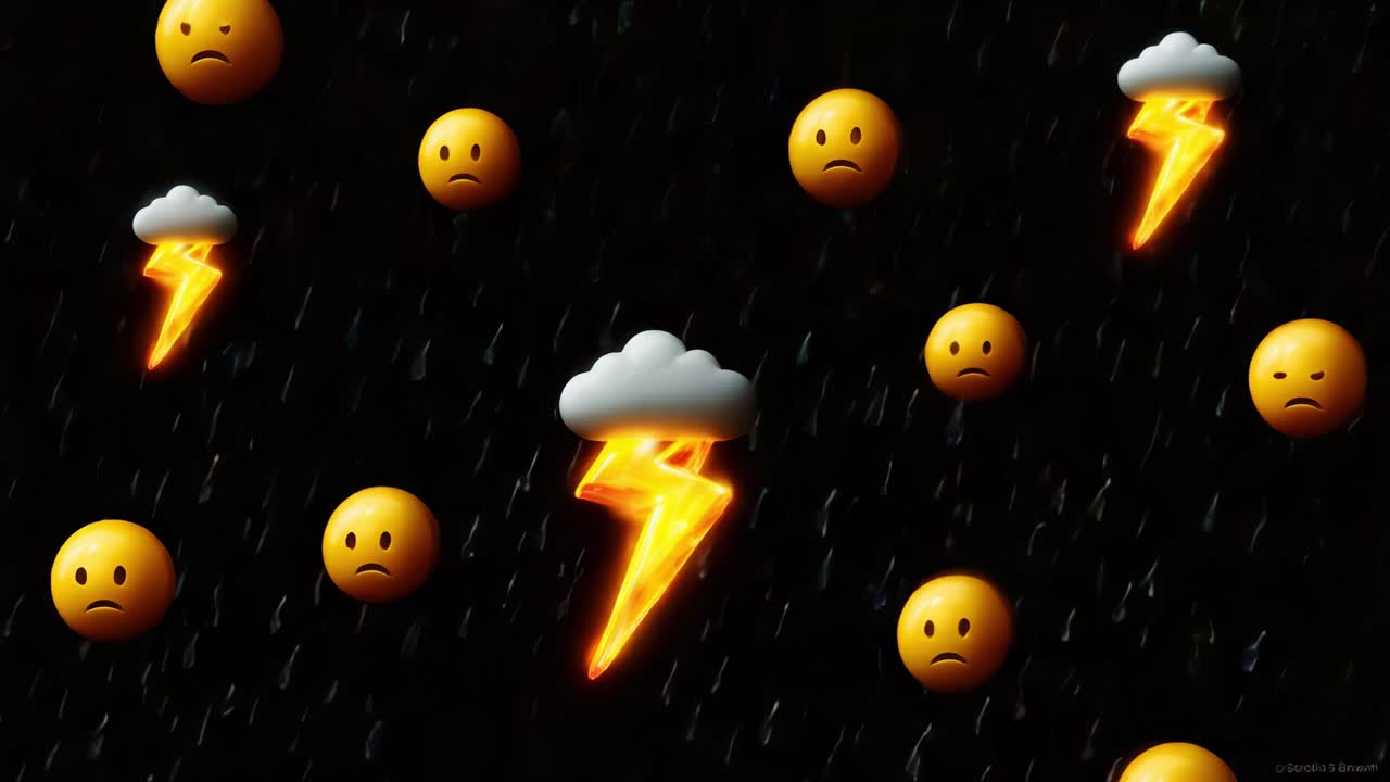 Emojis Representing Emotionally Charged Atmosphere: Scattered Sad Faces Surrounded by Storm Clouds and Lightning Bolts, Capturing the Essence of Distress and Turmoil in a Digital Setting