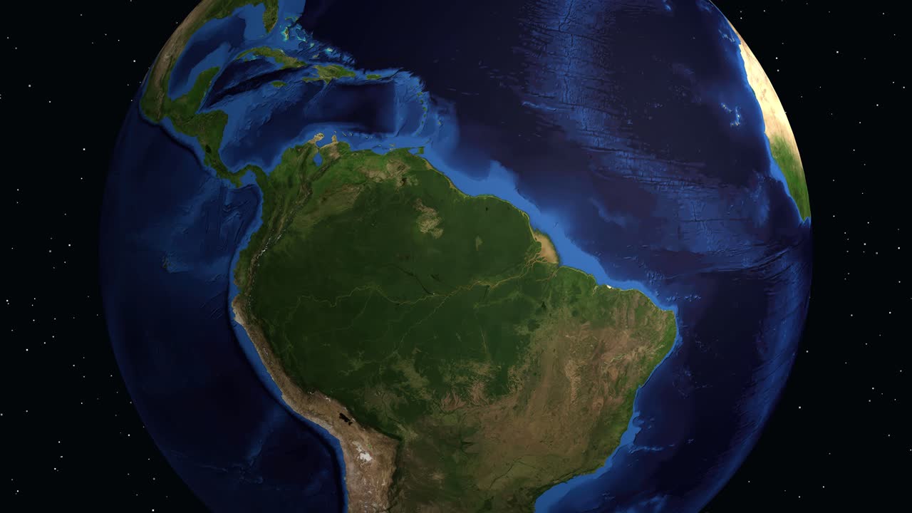 Globo digitale che ruota e fa zoom dallo spazio su Manta, Ecuador, mostrando informazioni regionali specifiche.