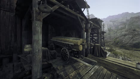craftsmen work in traditional logging area amid rugged wilderness terrain