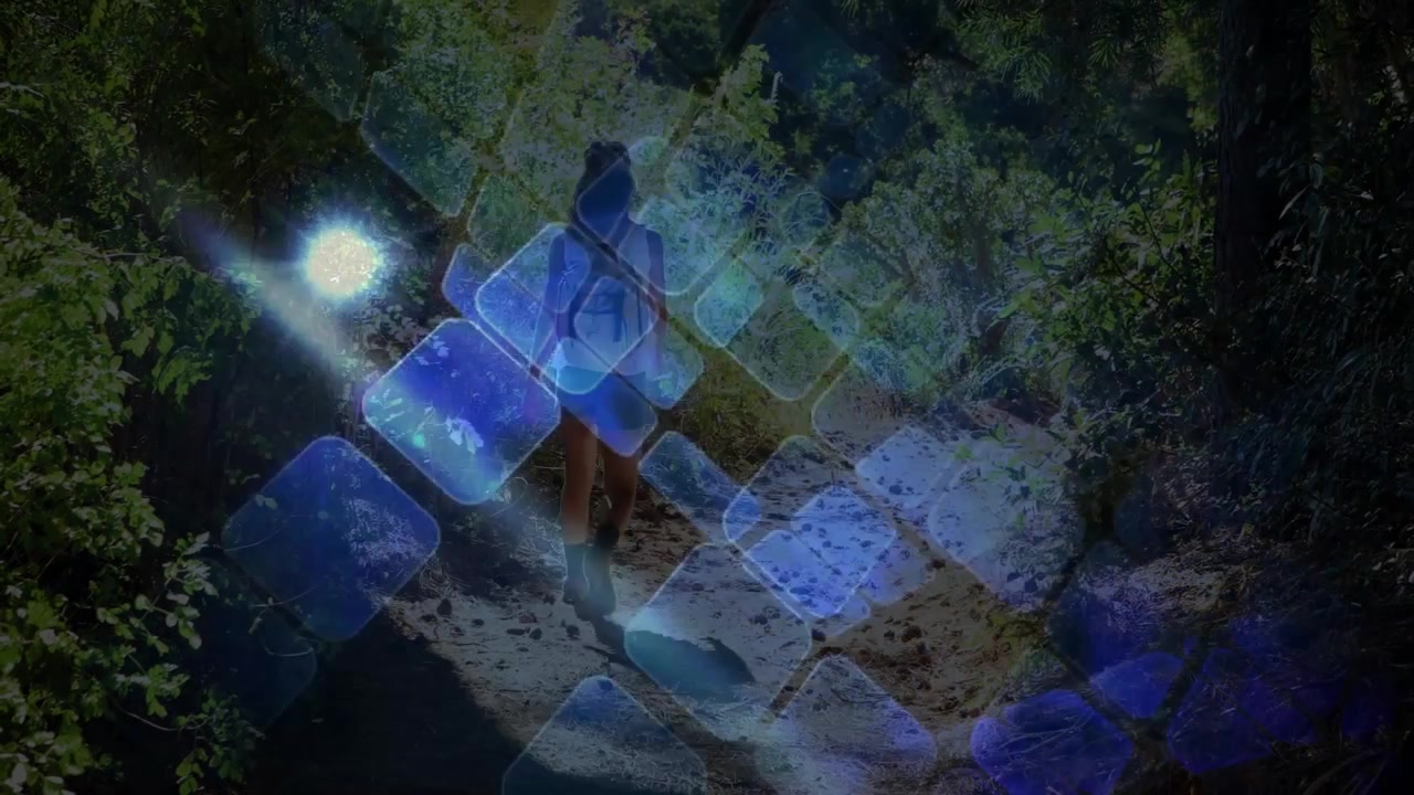 Sovrapposizione tecnologica di quadrati blu che appaiono su un sentiero nel bosco e guidano un escursionista che esplora un percorso più profondo.