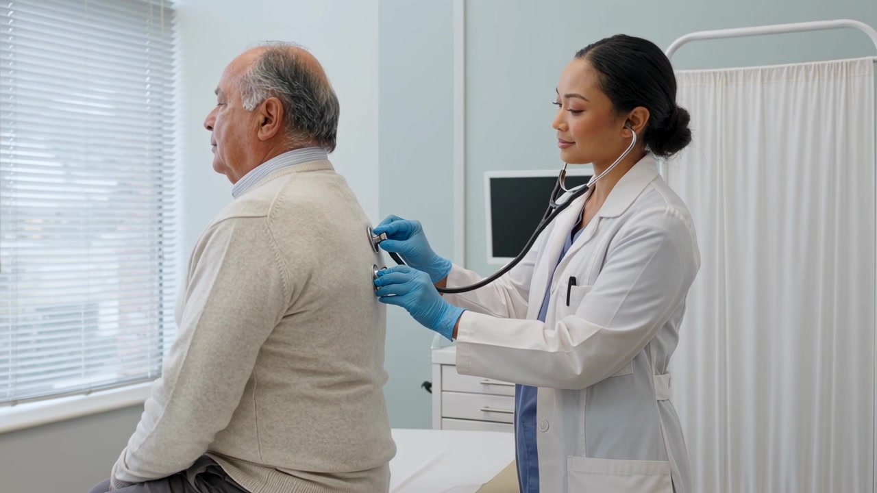 During checkup doctor placing, listening, adjusting stethoscope on senior back in clinic, lab coat