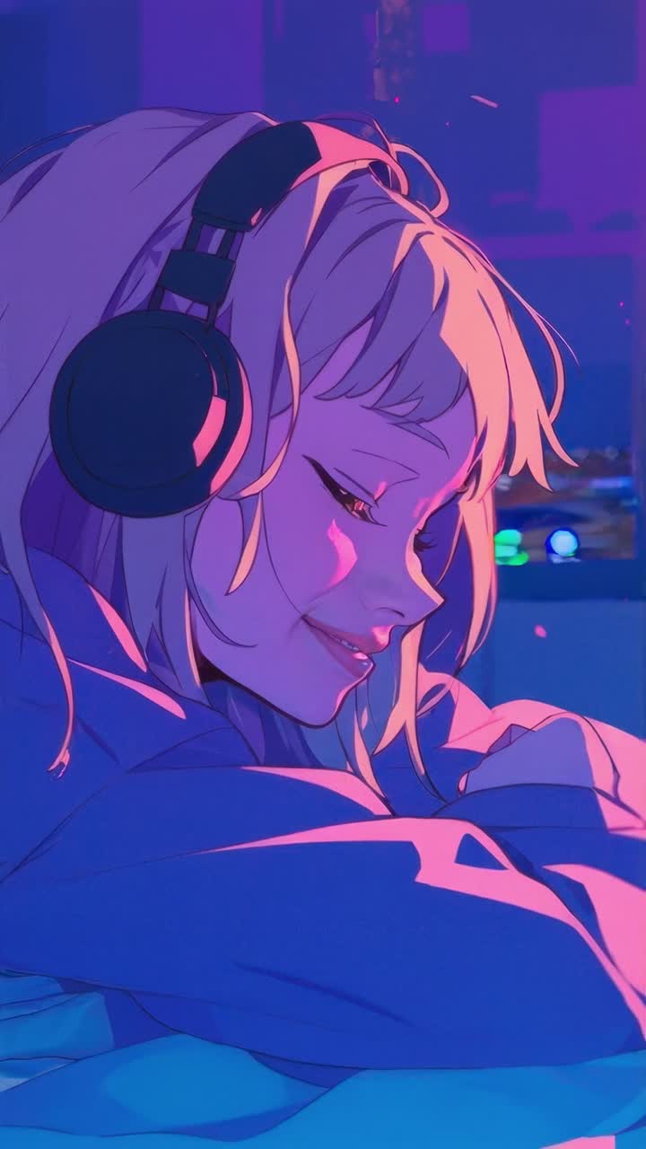 Concetto video in stile anime con una ragazza che indossa cuffie, vista da un'angolazione laterale, immersa in una luce soffusa