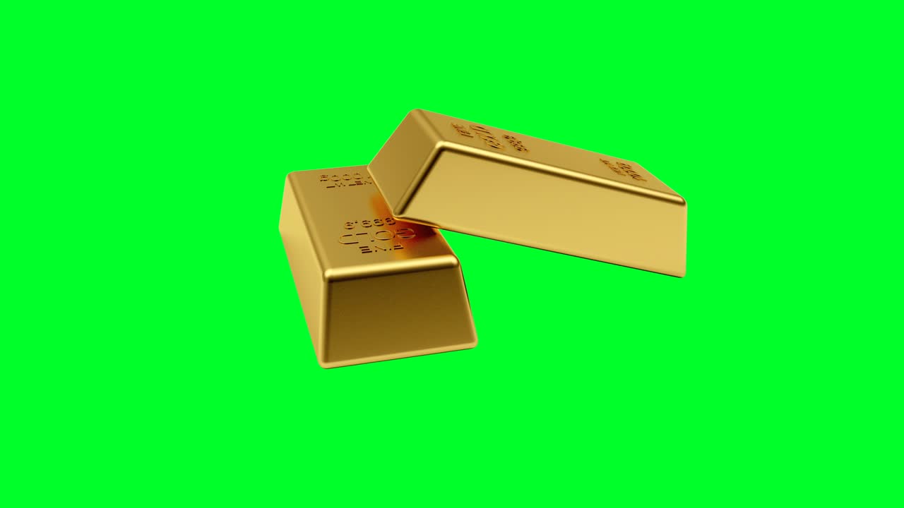 animación en 3d de dos barras de oro girando en una pantalla verde. 4k