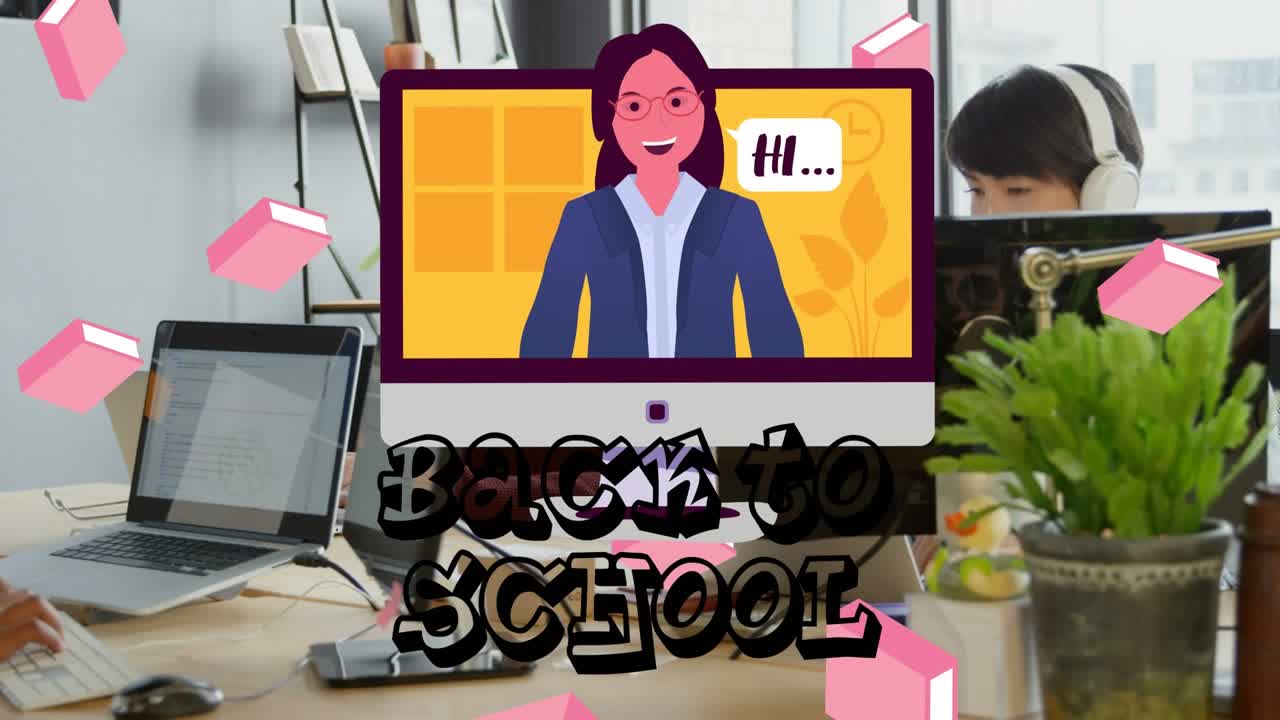 Animation of back to school text over diverse group of business people