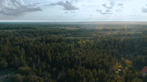 Aerial-shot-over-forests-and-fields-with-a-power-plant-in-the-distance