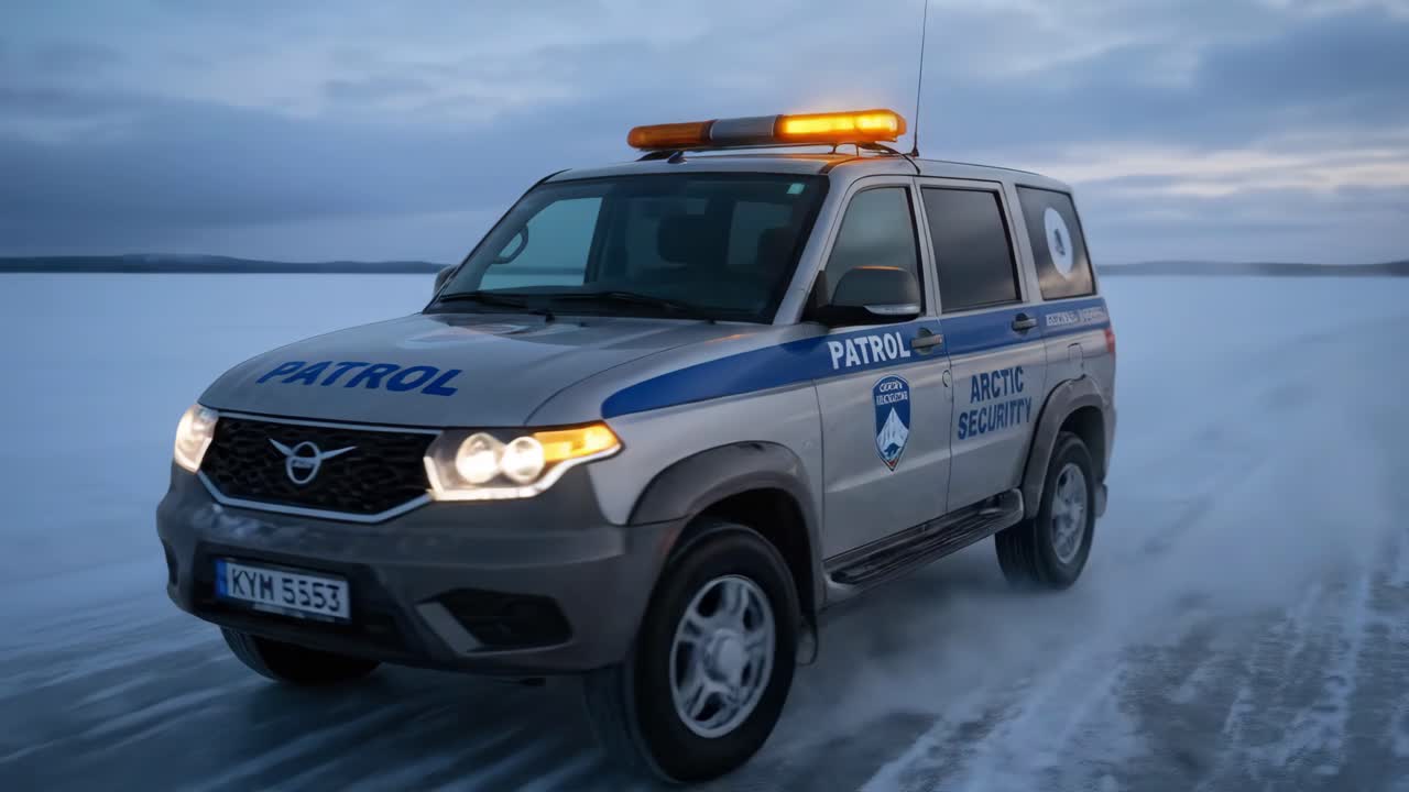SUV di pattuglia di sicurezza artica che guida su strada innevata e ghiacciata