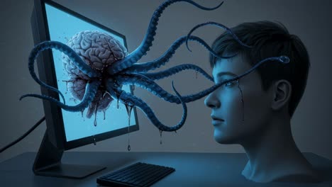futuristic exploration of human connection with technology through surreal visualization of a brain and octopus hybrid