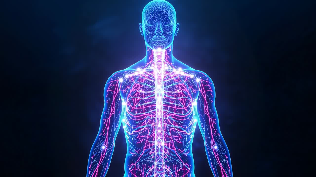 Lighting holographic form nodes on spine and limbs at third second boosting pink blue network