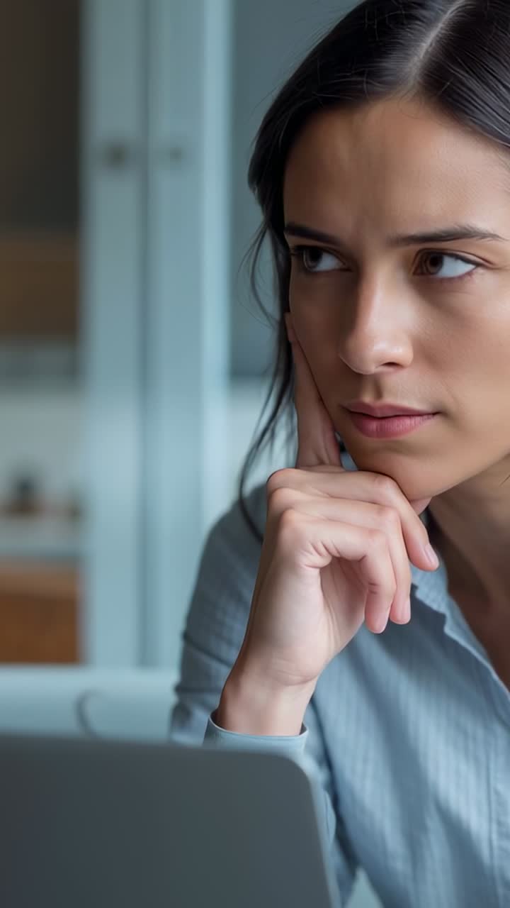 Video verticale: donna che legge, indossa una camicia azzurra, si ferma, guarda il portatile mentre studia a casa