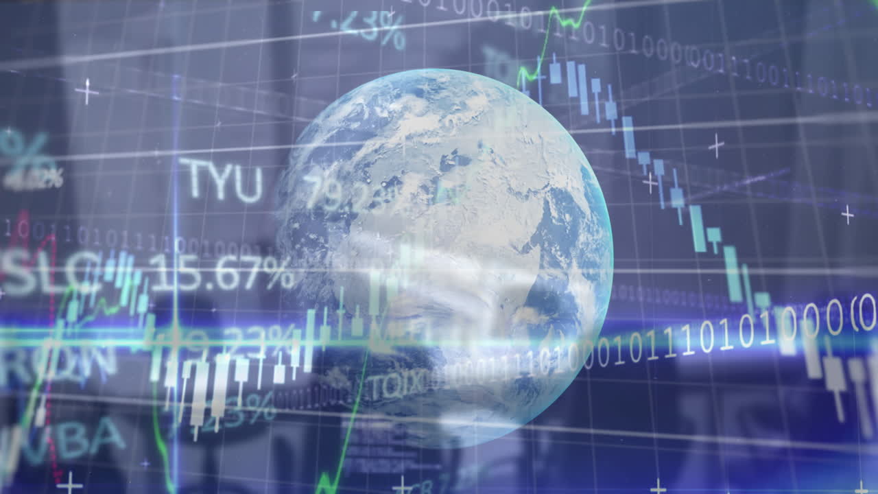 procesamiento de datos del mercado de valores sobre un globo giratorio contra una oficina vacía en el fondo